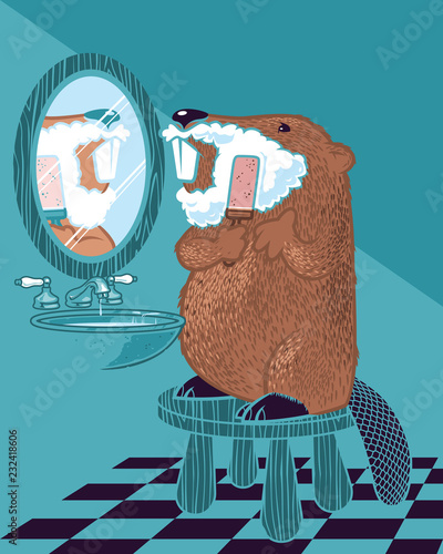 Beaver Shaving Face in Mirror