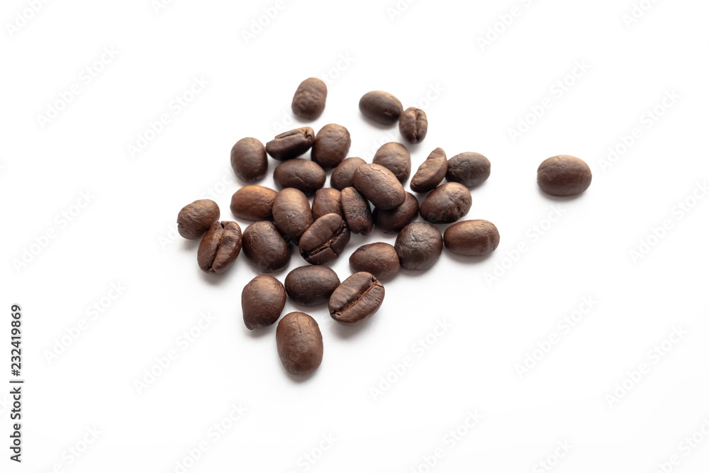 Roasted coffee beans on white background. Roasted coffee beans on white background.