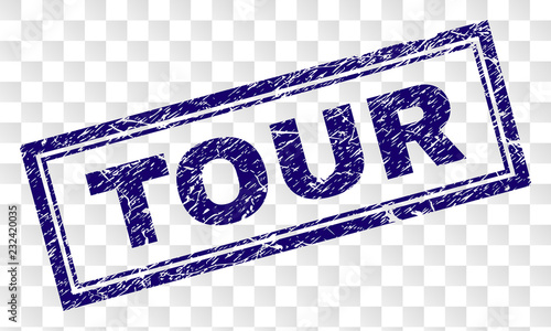 TOUR stamp seal watermark with corroded style and double framed rectangle shape. Stamp is placed on a transparent background. Blue vector rubber print of TOUR title with corroded texture.
