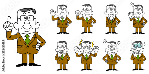 眼鏡をかけてスーツを着た管理職の中年男性　９種類のポーズと表情のセット
