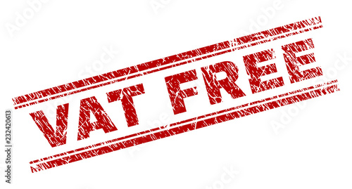 VAT FREE seal print with grunge texture. Red vector rubber print of VAT FREE caption with grunge texture. Text caption is placed between double parallel lines.