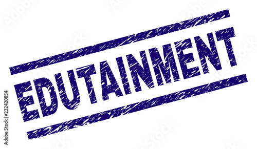 EDUTAINMENT seal print with scratced style. Blue vector rubber print of EDUTAINMENT text with dirty texture. Text label is placed between parallel lines.