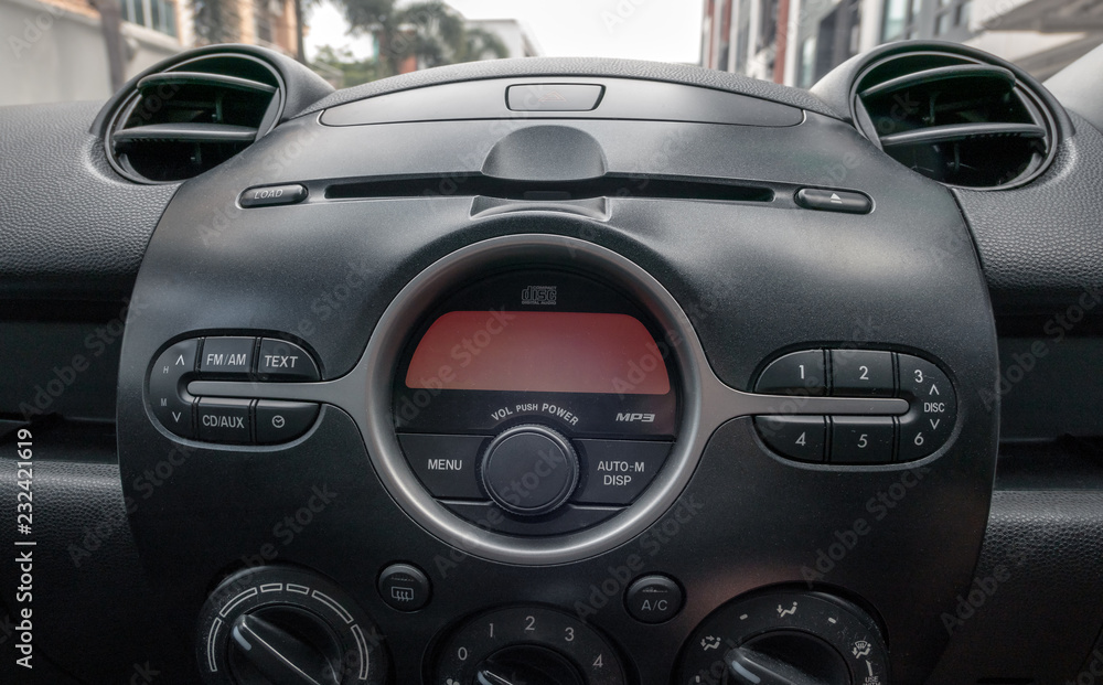 Fototapeta premium Car inside driver place. Front seats with dashboard control.