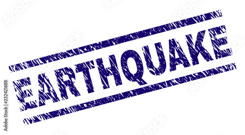 EARTHQUAKE seal print with grunge style. Blue vector rubber print of EARTHQUAKE caption with unclean texture. Text title is placed between parallel lines.