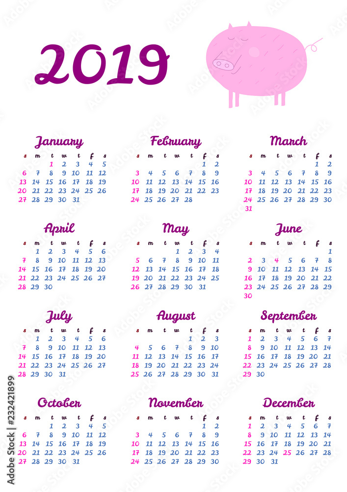 Calendar 19 Year With Hand Drawn Pig In Doodle Style Size Week Starts On Sunday Set Of 12 Months Stock Vector Adobe Stock