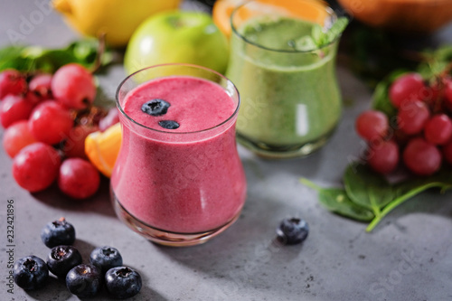 Colorful smoothie, healthy detox vitamin diet. Vegan drinks with fresh fruits