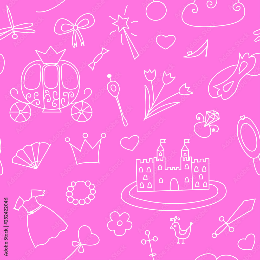 Seamless pattern with hand drawn carriage, castle, fairy, magic wand, crown, hat, flowers, dress, ring, butterfly, bird, mask and other. Vector illustration in doodle style on pink background