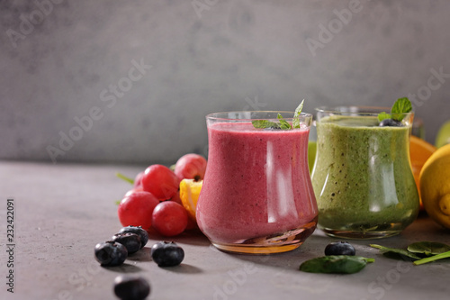 Colorful smoothie, healthy detox vitamin diet. Vegan drinks with fresh fruits