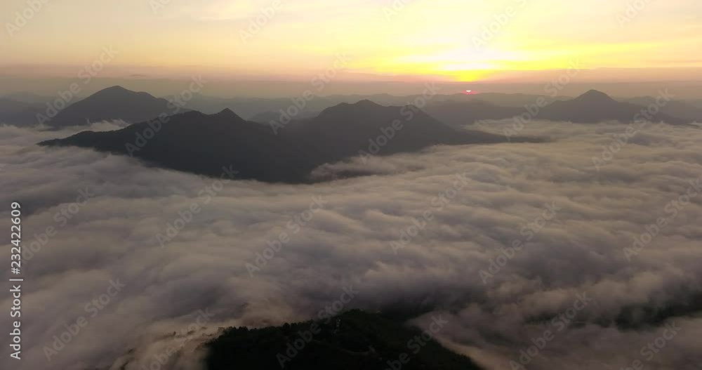 Sunrise aerial view foggy landscape from drone fly. Chiang Khan Loei province Thailand. Sunrise aerial view foggy landscape from drone fly. Chiang Khan Loei province Thailand.