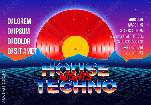 80s party poster with arcade styled background and red vinyl lp for house and techno retro rave