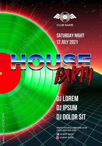 80s party poster with orange background and green vinyl lp for house retro rave