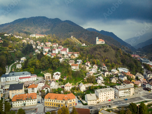 Aerial view of Idrija, small town in western Slovenia photo