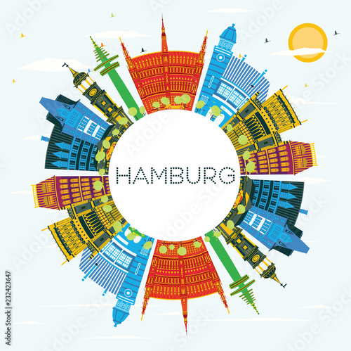 Hamburg Germany City Skyline with Color Buildings, Blue Sky and Copy Space.