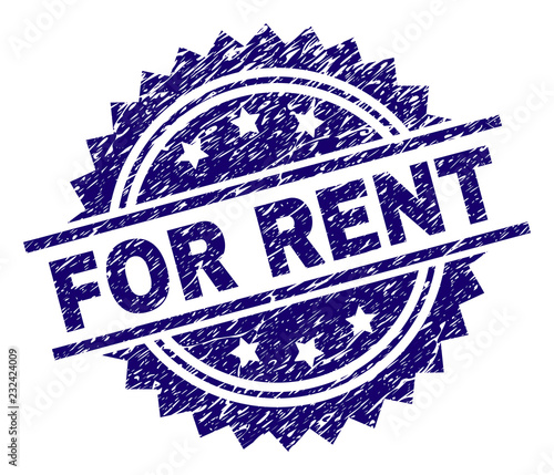 FOR RENT stamp seal watermark with distress style. Blue vector rubber print of FOR RENT caption with scratched texture.