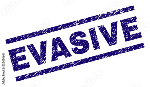 EVASIVE seal stamp with grunge style. Blue vector rubber print of EVASIVE text with grunge texture. Text label is placed between parallel lines.