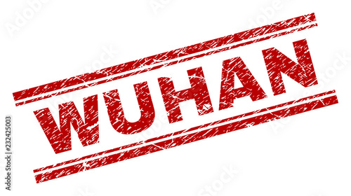 WUHAN seal print with corroded texture. Red vector rubber print of WUHAN label with scratched texture. Text label is placed between double parallel lines.