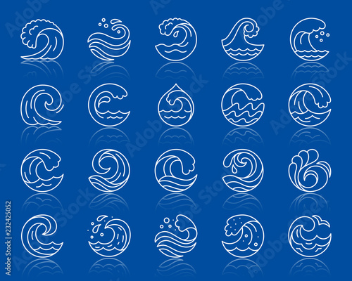 Water wave simple splash line icons vector set