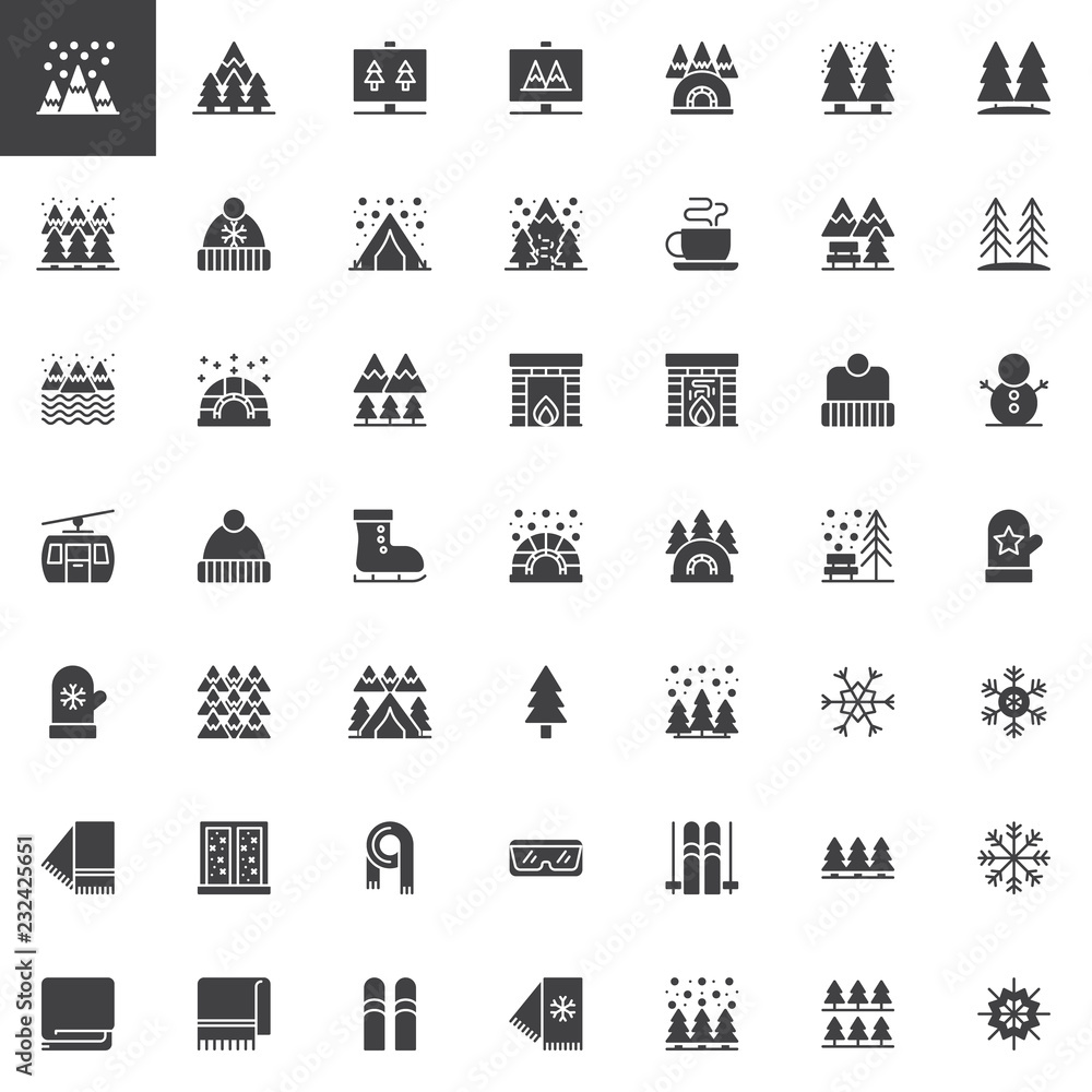 Winter elements vector icons set, modern solid symbol collection, filled style pictogram pack. Signs, logo illustration. Set includes icons as Snowy Mountain Peaks, Pine trees forest, winter hat Winter elements vector icons set, modern solid symbol collection, filled style pictogram pack. Signs, logo illustration. Set includes icons as Snowy Mountain Peaks, Pine trees forest, winter hat