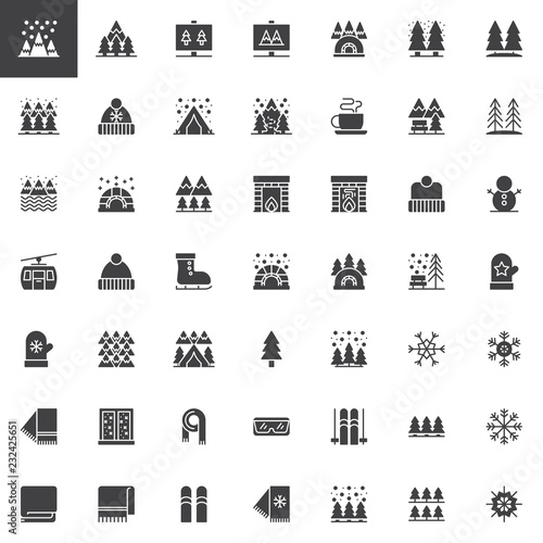 Winter elements vector icons set, modern solid symbol collection, filled style pictogram pack. Signs, logo illustration. Set includes icons as Snowy Mountain Peaks, Pine trees forest, winter hat