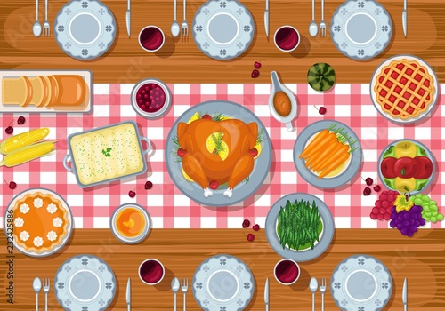 Thanksgiving greeting card dinner table in flat style design