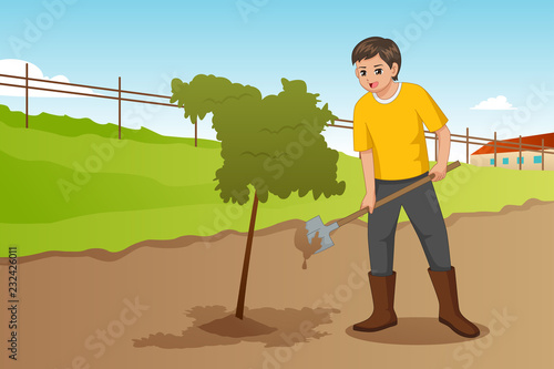 Teenager Planting a Tree Illustration