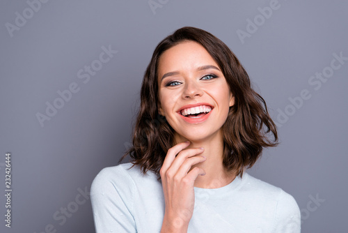 Portrait of beautiful pretty dreamy attractive lady with her jok