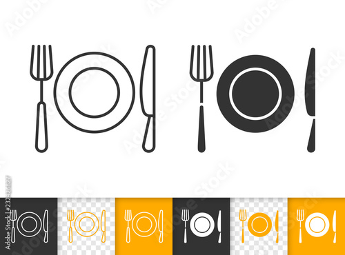 Fork, knife, plate, simple black line vector icon