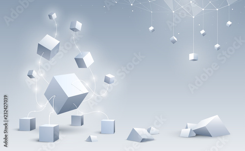 Abstract 3d cubes and background. A connection of geometric big and small cubes. Science and Blockchain technology. Big data and Internet connection. Vector illustration.