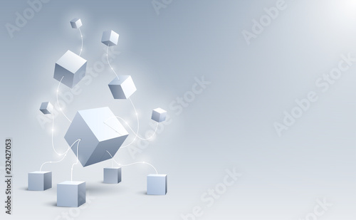 Abstract 3d cubes and background. A connection of geometric big and small cubes. Science and Blockchain technology. Big data and Internet connection. Vector illustration.