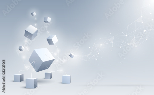 Abstract 3d cubes and background. A connection of geometric big and small cubes. Science and Blockchain technology. Big data and Internet connection. Vector illustration.