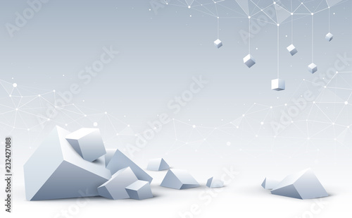 Abstract 3d cubes and background. Background with collapse geometric cubes. Science and Blockchain technology. Big data and Internet connection. Vector illustration.