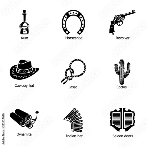 Cowboy land icons set. Simple set of 9 cowboy land vector icons for web isolated on white background