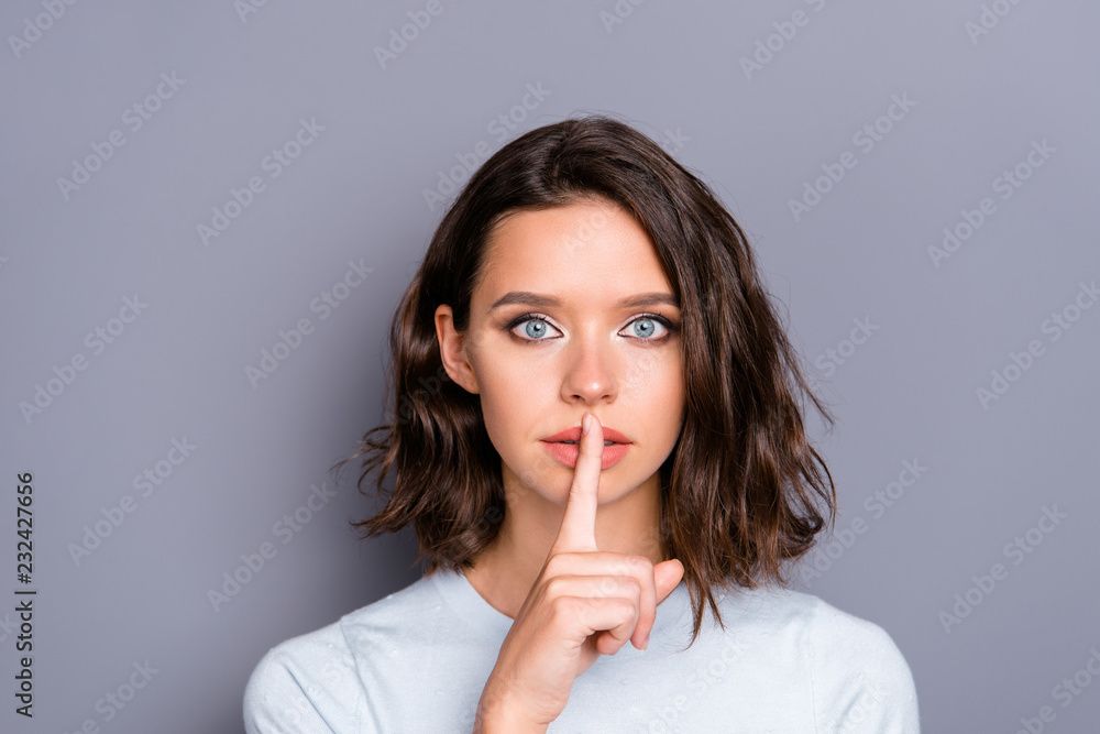 Adorable nice-looking lady with her modern haircut she make shh Adorable nice-looking lady with her modern haircut she make shh