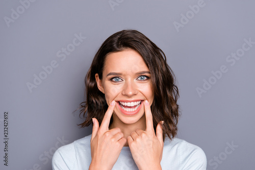 Close up photo portrait of cheerful glad positive lady with her 
