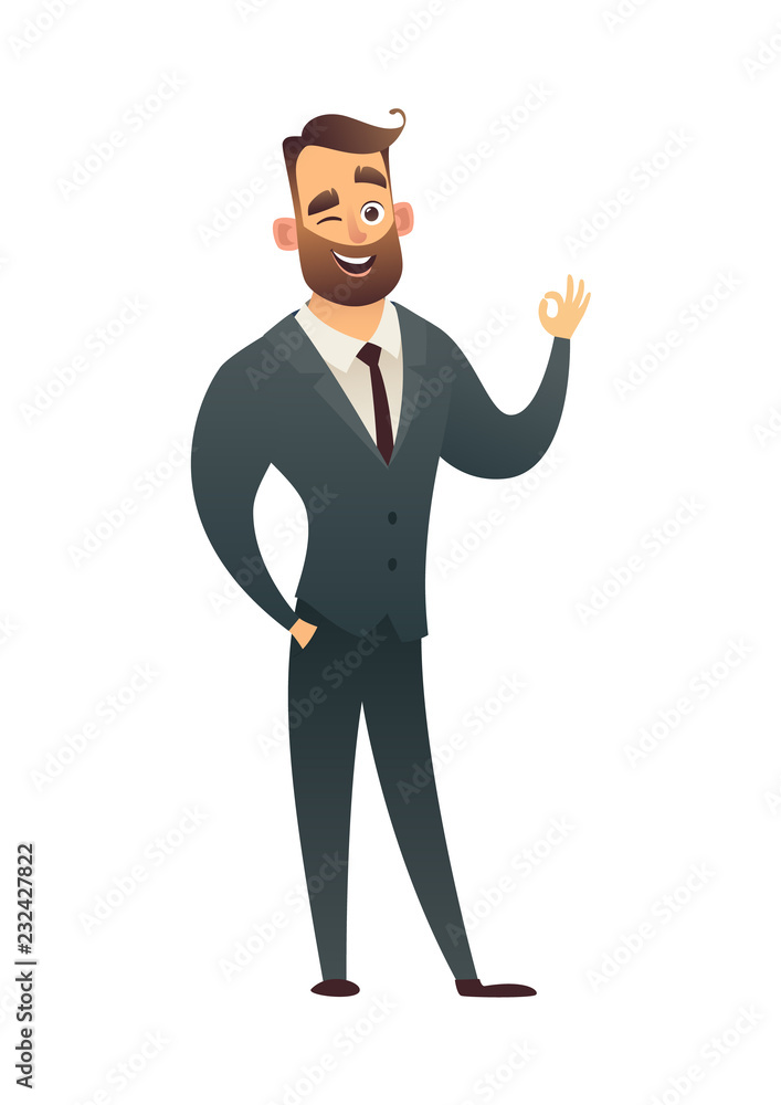 Successful beard businessman character in suit showing ok sign