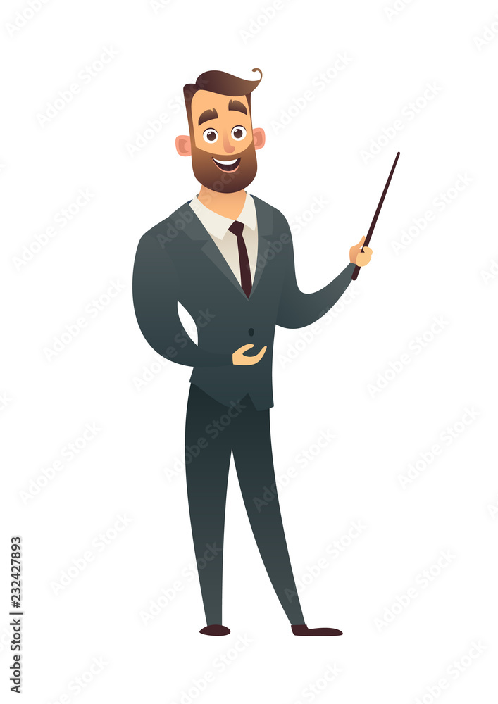 Standing business man teacher pointing with wooden pointer stick Standing business man teacher pointing with wooden pointer stick