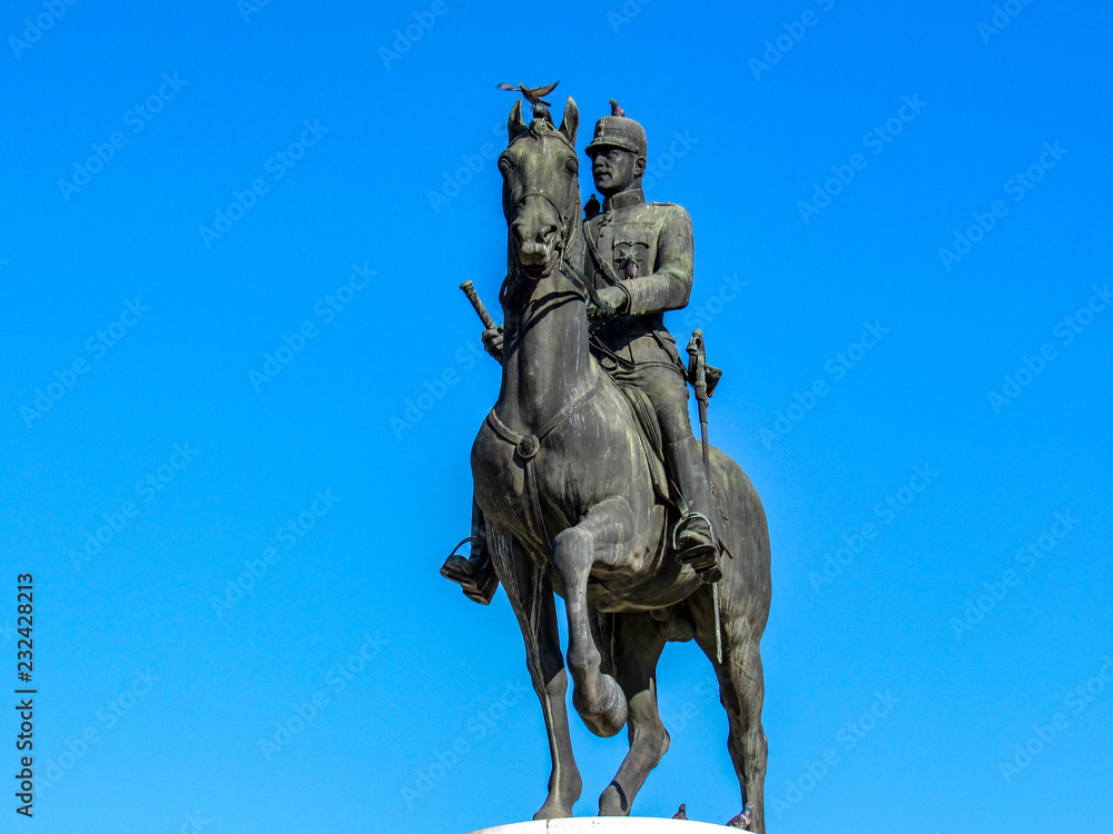 Statue of king Constantine on a horse at the central entrance of Pedio tou Areos, Athens, Greece