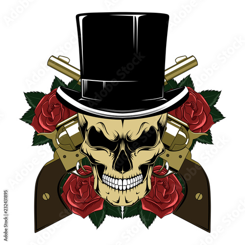 Vector image of a skull in a cylinder hat with revolvers and roses.