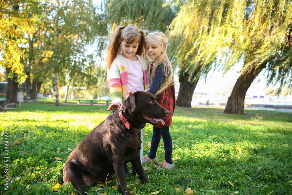 Cute little girls with dog in autumn park