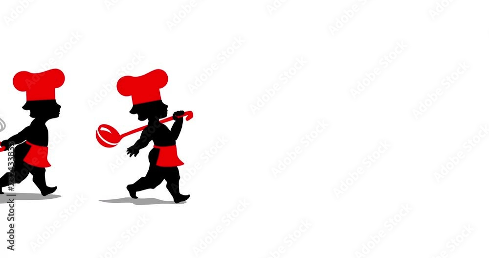 Animation of kitchener taking batch of dishes and cooking pot with soup. Animation of kitchener taking batch of dishes and cooking pot with soup.
