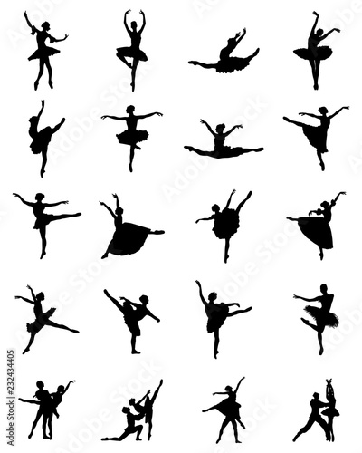Black silhouettes of ballerinas on white background, vector