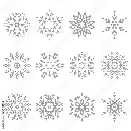 Snowflakes grey icon collection. Graphic vector modern ornament.