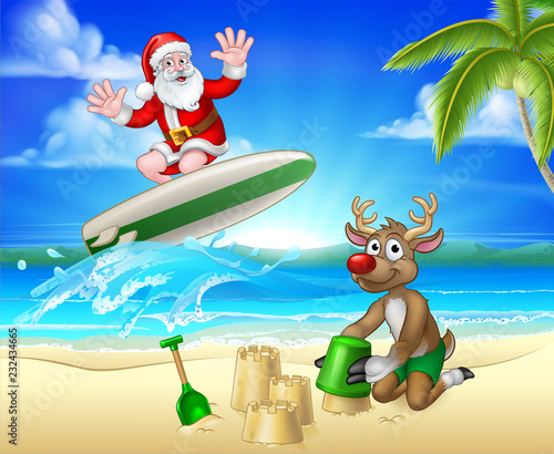 Santa Claus surfing on his surfboard with his reindeer on a tropical beach making sand castles with palm trees and parrot Christmas cartoon sign background.