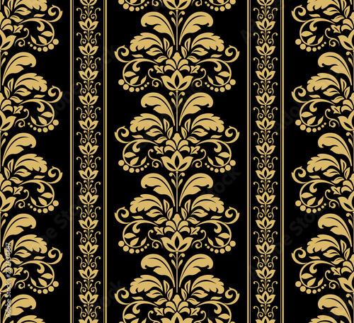 Wallpaper in the style of Baroque. Seamless vector background. Black and gold floral ornament. Graphic pattern for fabric, wallpaper, packaging. Ornate Damask flower ornament