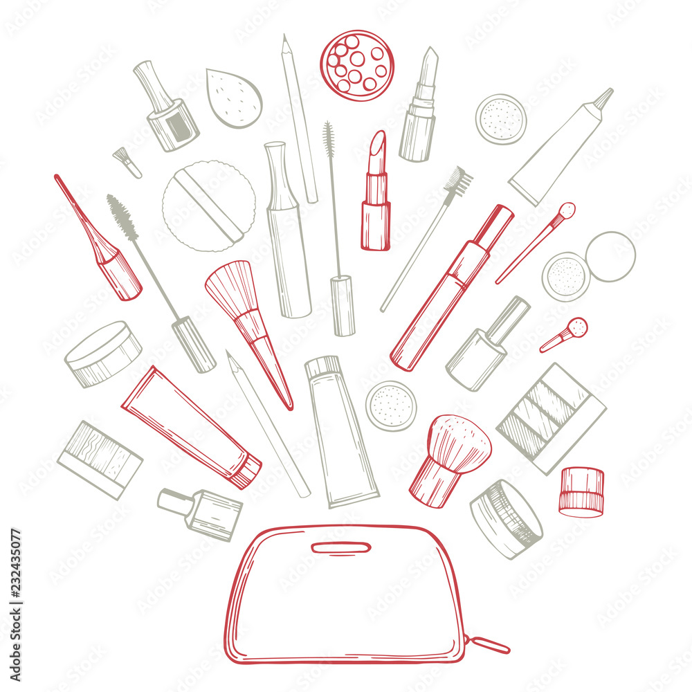 Hand drawn decorative cosmetics for makeup.Vector sketch illustration. Hand drawn decorative cosmetics for makeup.Vector sketch illustration.