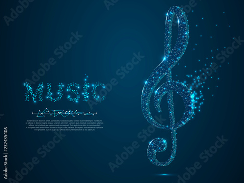Treble clef vector polygonal art style. Low poly wireframe illustration with scattered particles and light effects on a dark blue background. Music poster banner template. Destructing triangles shapes