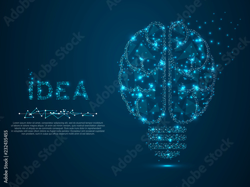 Incandescent lamp. Low poly, polygonal wireframe Vector illustration with scattered particles and light effects on a dark blue background. Idea with geometry triangle. Brain silhouette lamp bulb icon