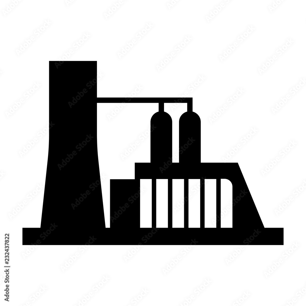 Factory icon. Vector industrial buildings pictograms. Black silhouettes of manufacturing objects isolated on white. Simple industrial monochrome icon.