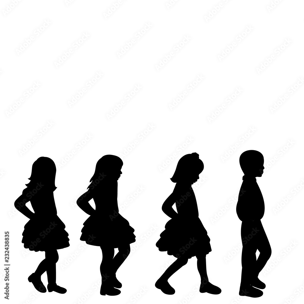 vector, on a white background, black silhouette group of children walking
