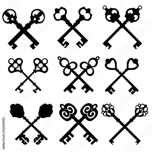 collection, black silhouette of vintage keys